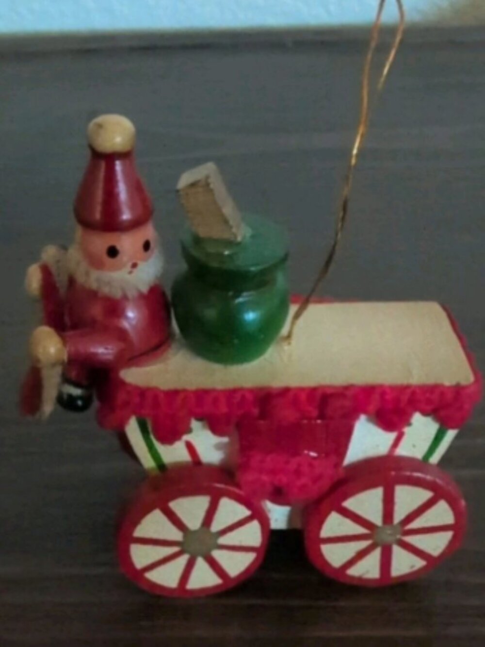 Vintage Russ Berrie Wooden Ornament Santa Wagon. 2044